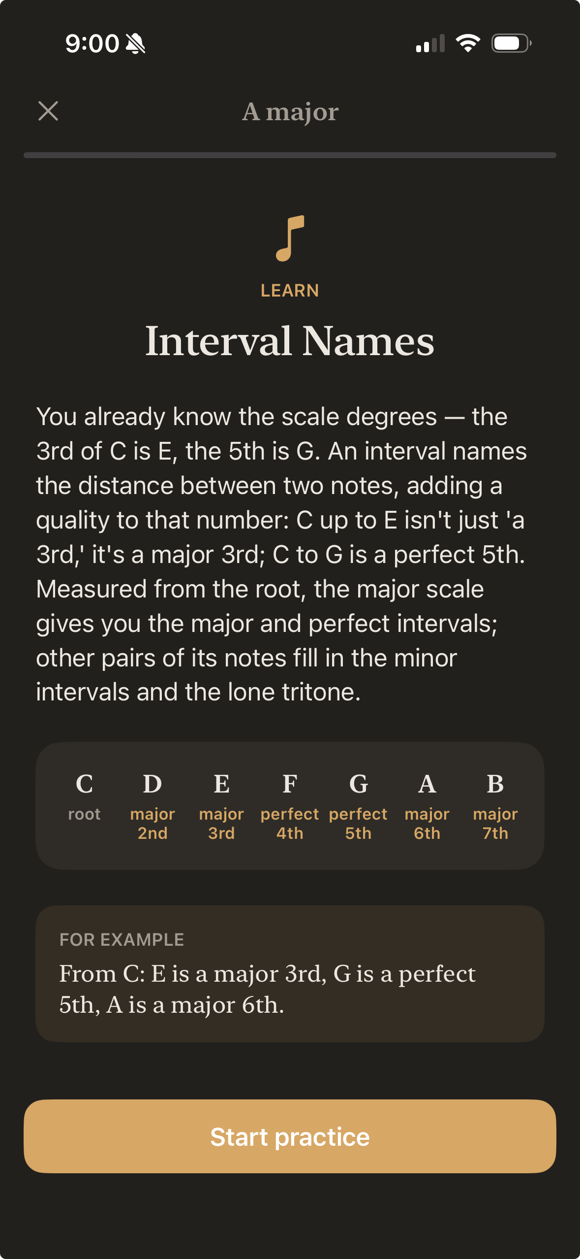 The Interval Names Learn screen — a short lesson shown before practice