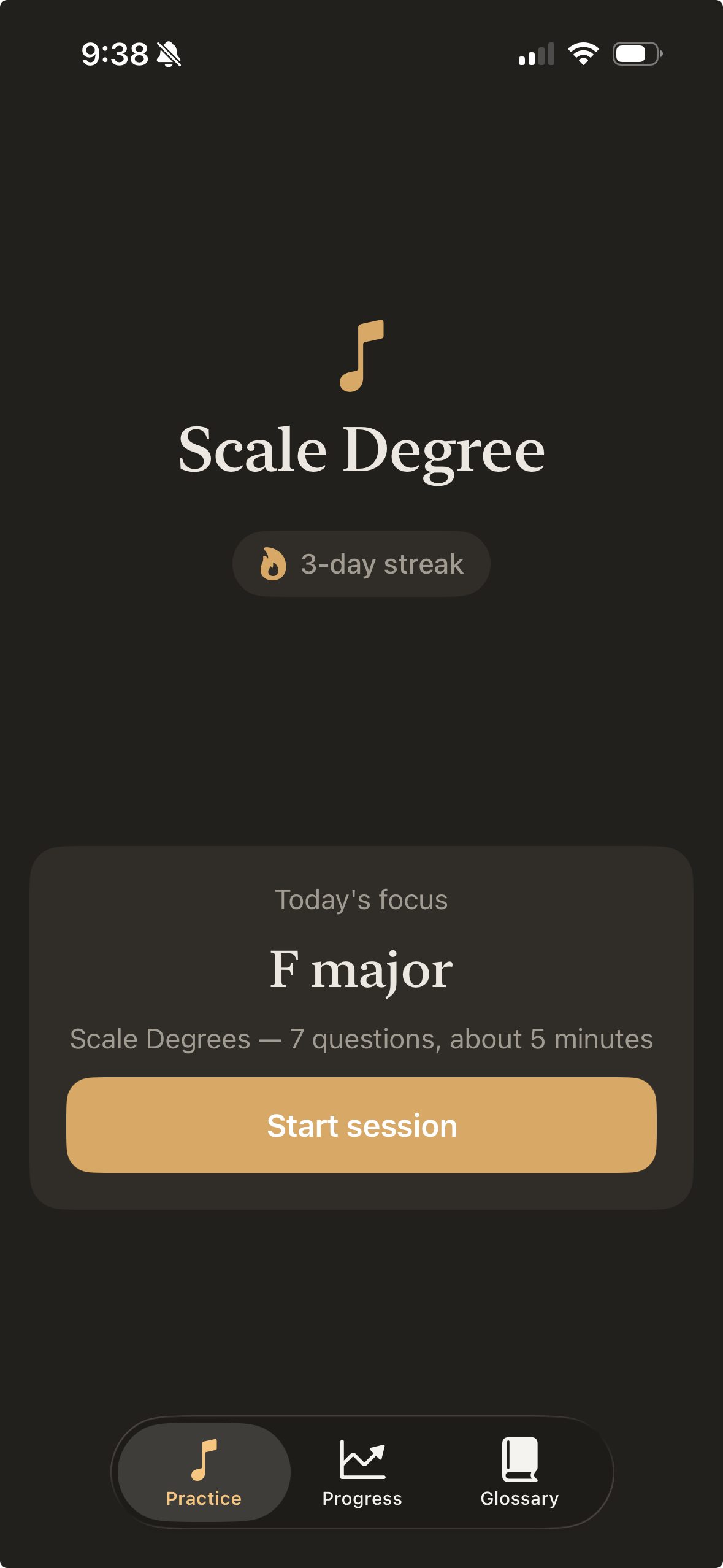 The Practice home screen — today's focus is F major, one short session ready to start